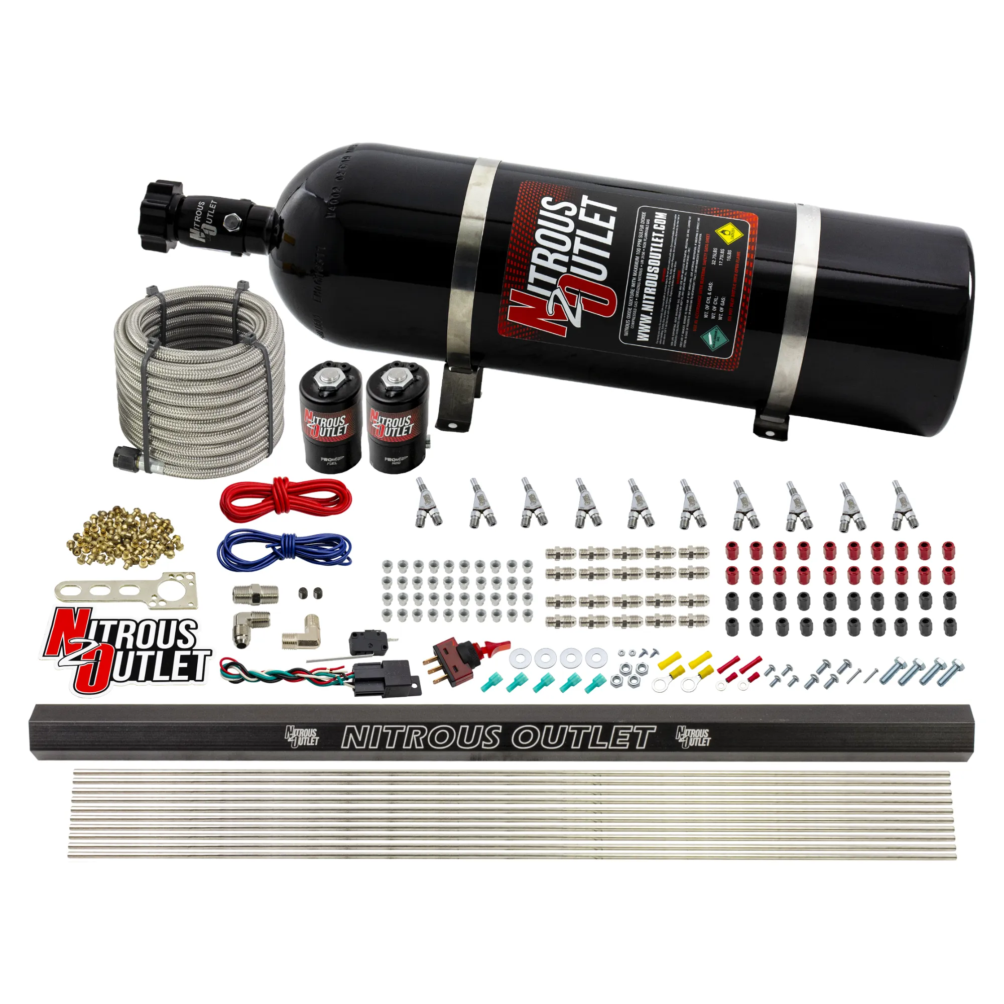 Nitrous Outlet 10 Cylinder Direct Port System - .122 Nitrous Solenoid/.310 Fuel Solenoid/Dual Passage Injection Rail/Annular Discharge Nozzles (E85)(45-55 psi)(125-375HP)(15lb Bottle)