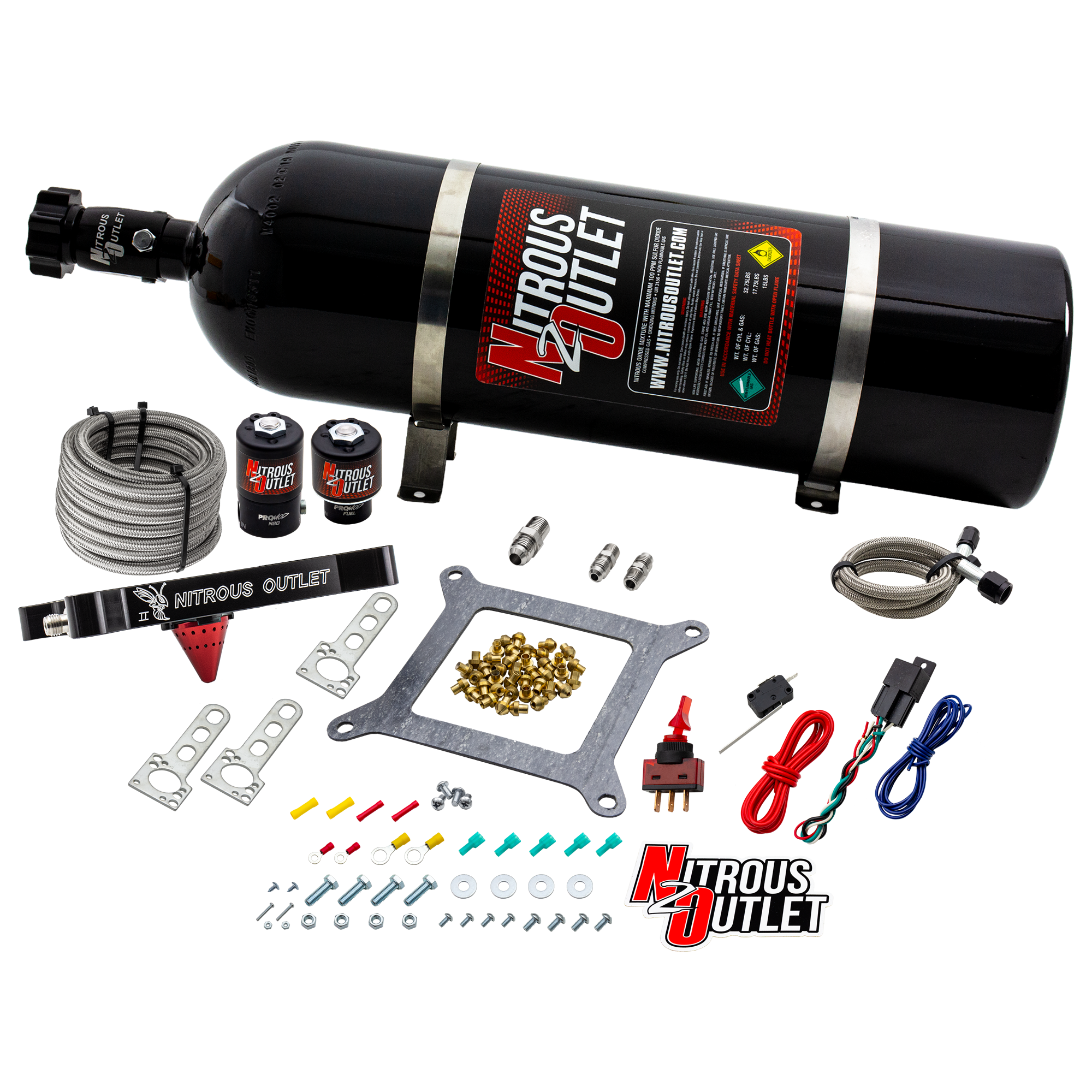 Nitrous Outlet 4150 Stinger 2 System - Braided Hoses/.122 Nitrous Solenoid/.177 Fuel Solenoid/Universal Solenoid Brackets ...