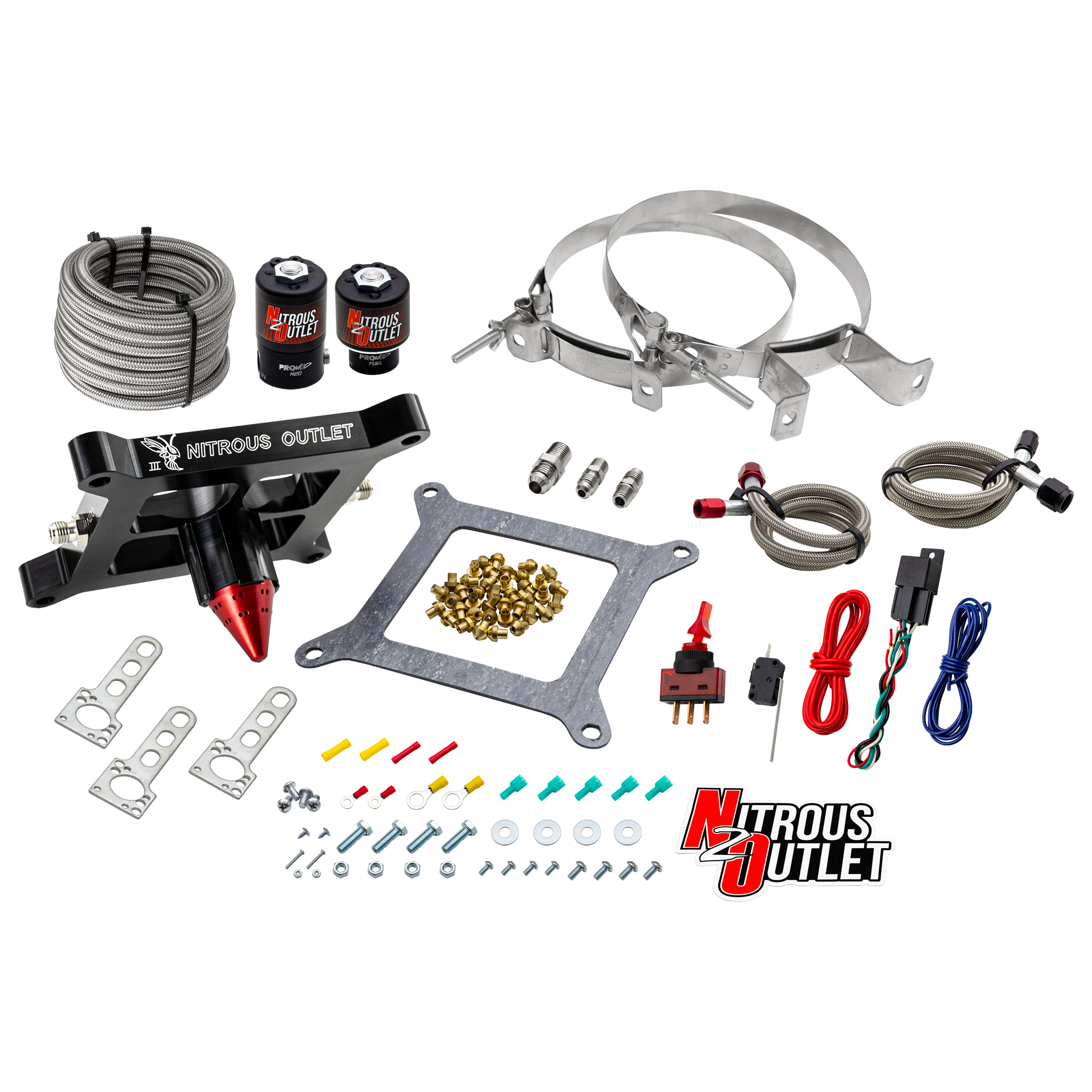 Nitrous Outlet 4150 Stinger 3 System - Braided Hoses/.122 Nitrous Solenoid/.177 Fuel Solenoid/Universal Solenoid Brackets ...