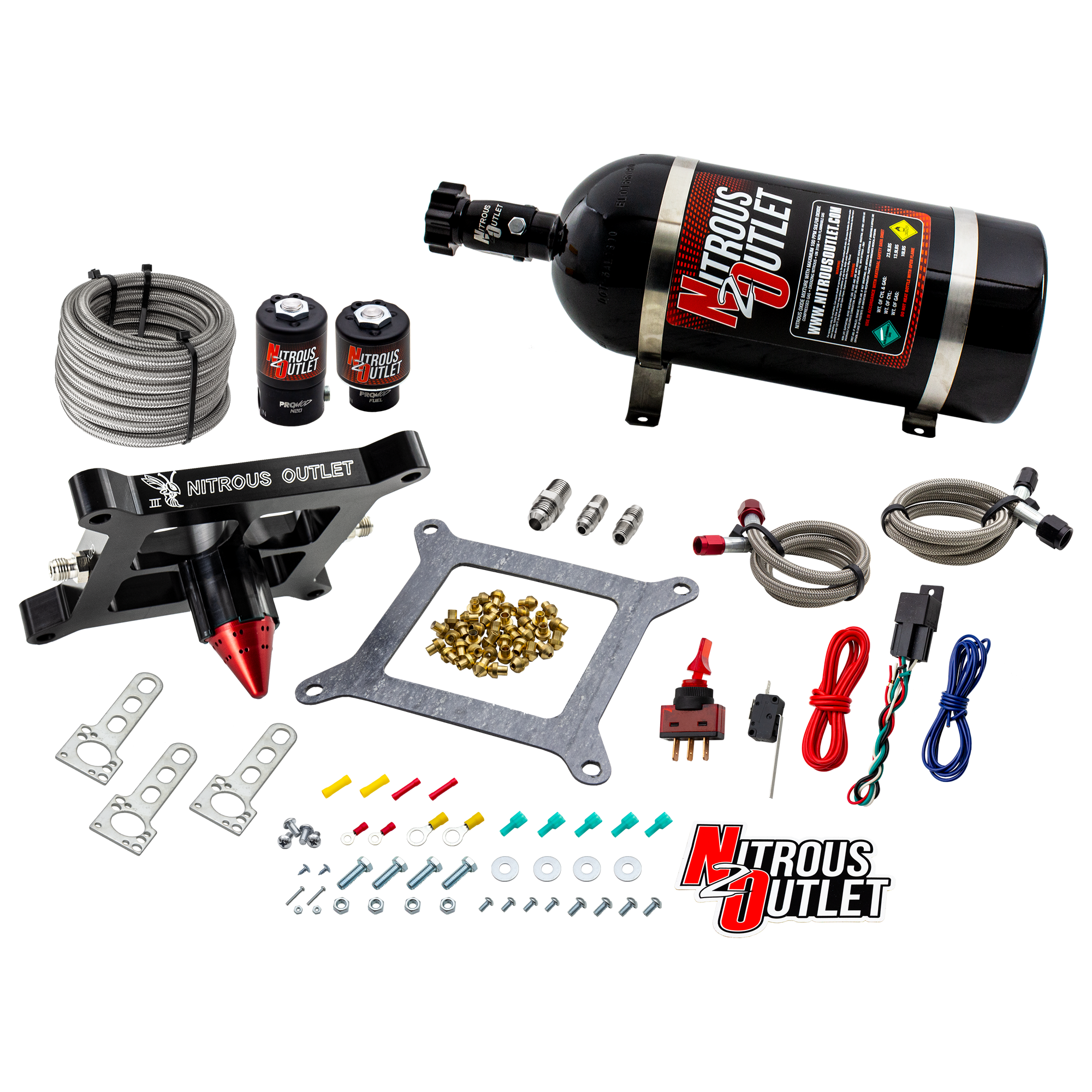 Nitrous Outlet 4150 Stinger 3 System - Braided Hoses/.122 Nitrous Solenoid/.177 Fuel Solenoid/Universal Solenoid Brackets ...