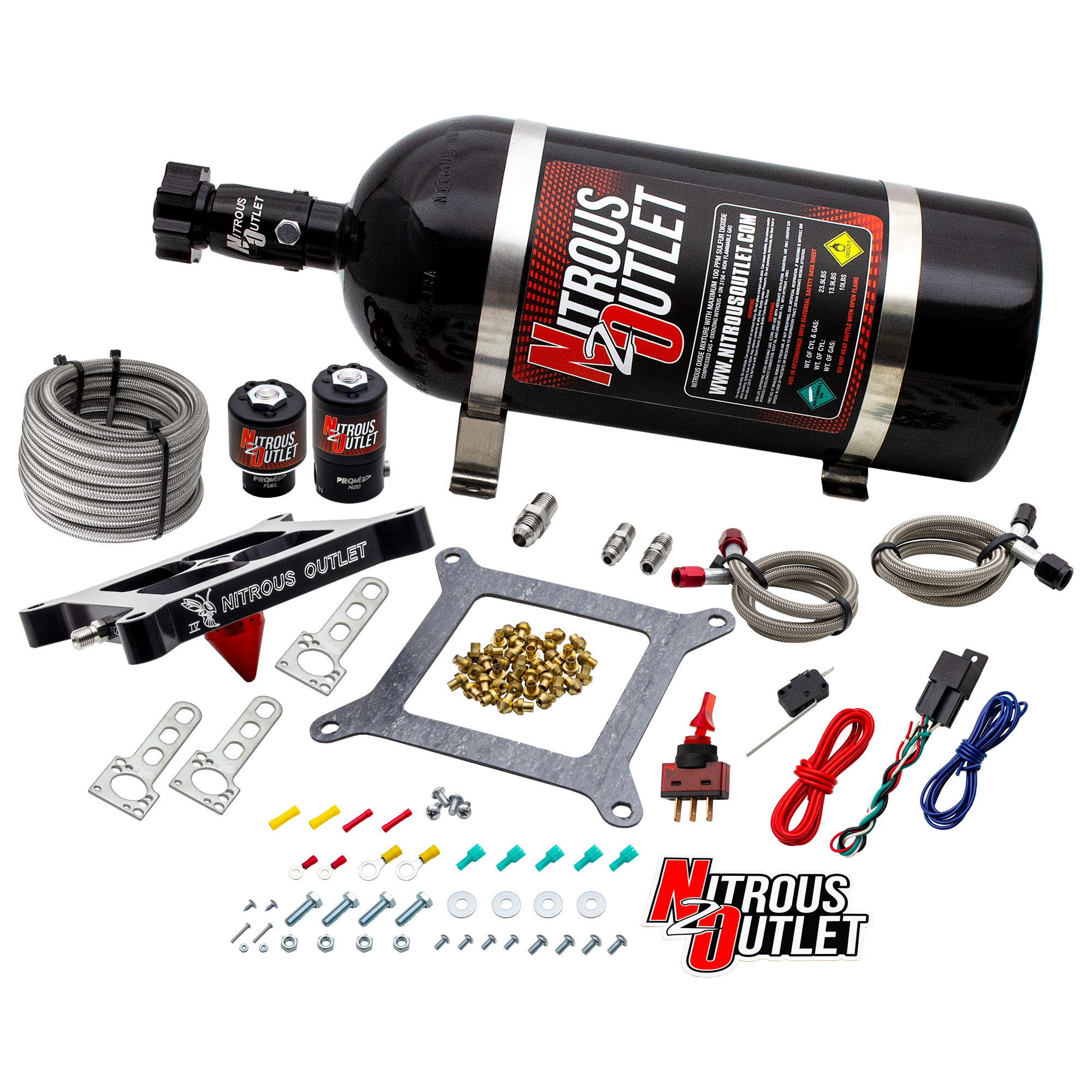 Nitrous Outlet 4150 Stinger 4 System - Braided Hoses/.122 Nitrous Solenoid/.177 Fuel Solenoid/Universal Solenoid Brackets ...