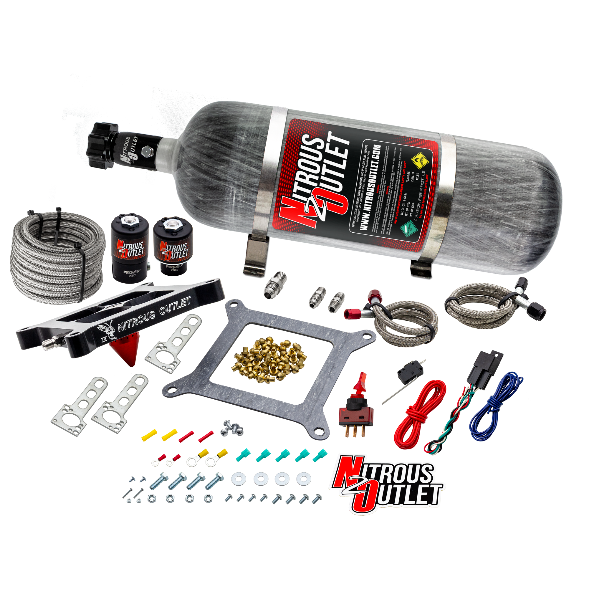 Nitrous Outlet 4150 Stinger 4 System - Braided Hoses/.122 Nitrous Solenoid/.177 Fuel Solenoid/Universal Solenoid Brackets ...