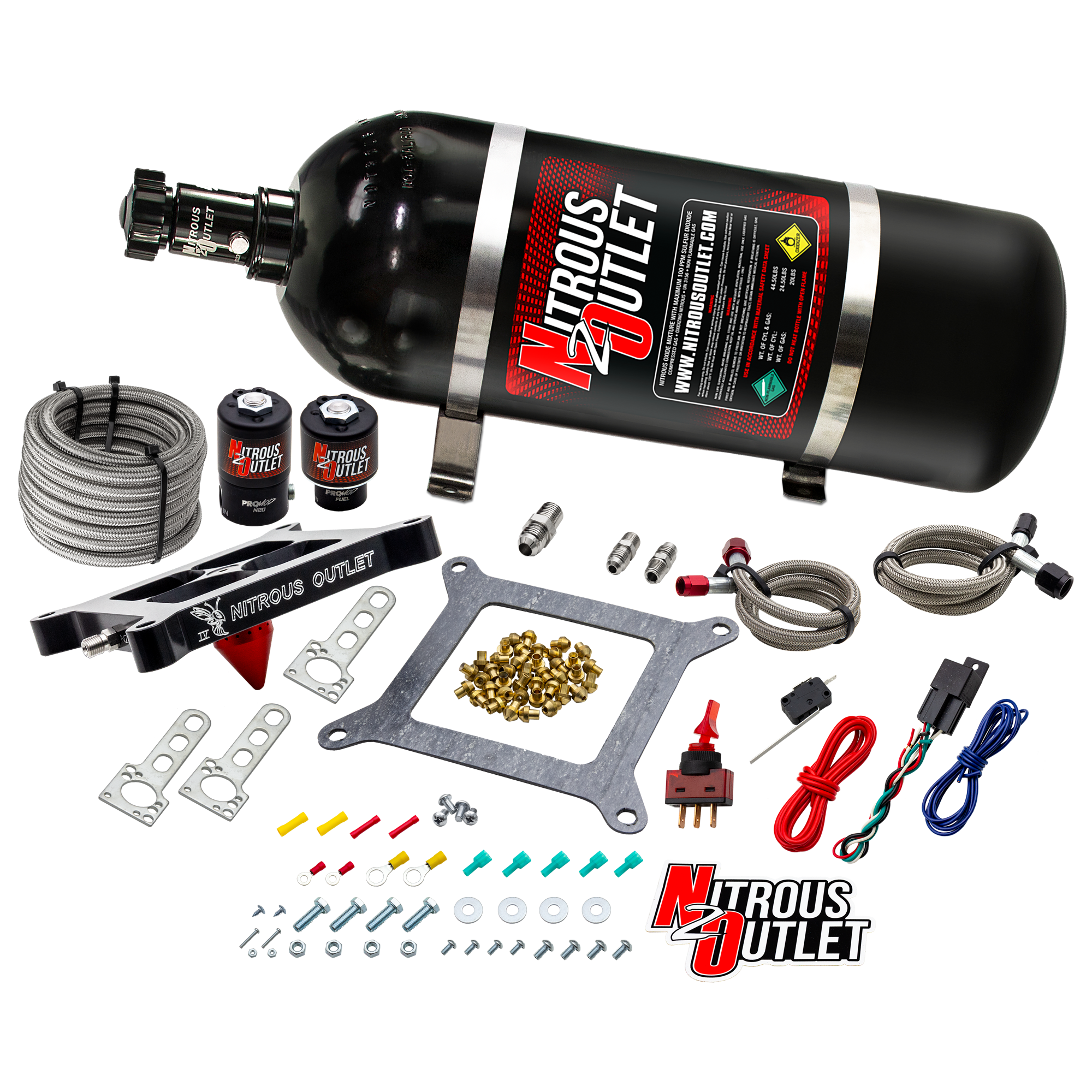 Nitrous Outlet 4150 Stinger 4 System - Braided Hoses/.122 Nitrous Solenoid/.177 Fuel Solenoid/Universal Solenoid Brackets ...