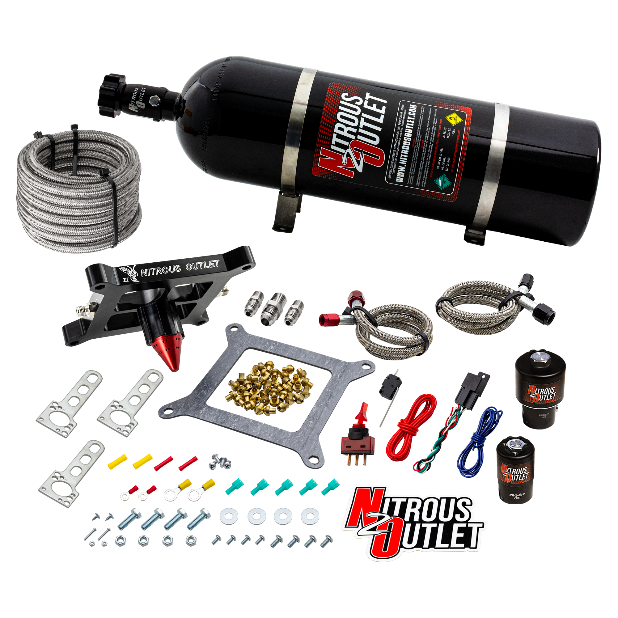 Nitrous Outlet 4150 Stinger 3 Race System - Braided Hoses/.178 Trashcan Nitrous Solenoid/.310 Fuel Solenoid/Universal Sole...