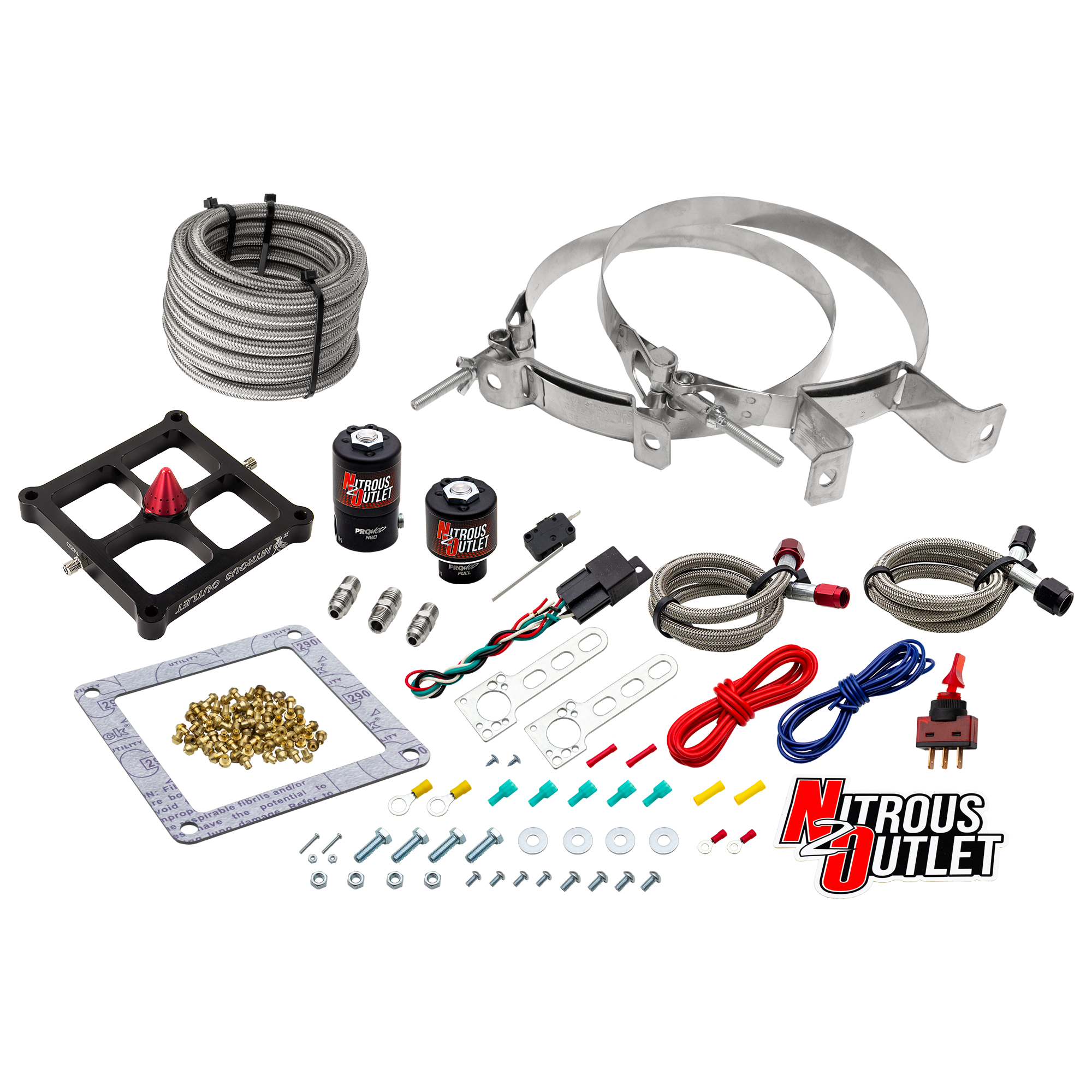 Nitrous Outlet 4500 Stinger 2 System - Braided Hoses/.122 Nitrous Solenoid/.177 Fuel Solenoid/Universal Solenoid Brackets ...