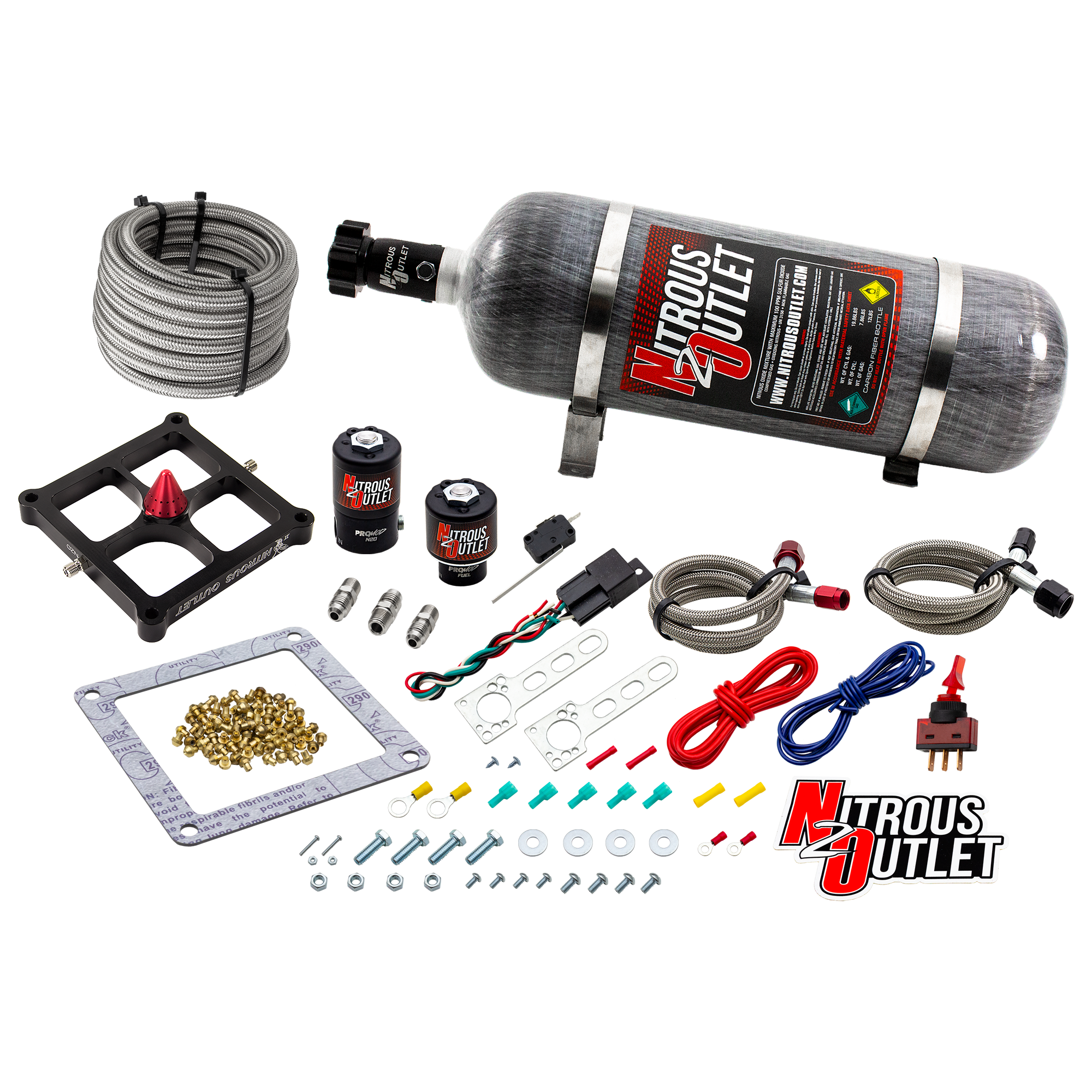 Nitrous Outlet 4500 Stinger 2 System - Braided Hoses/.122 Nitrous Solenoid/.177 Fuel Solenoid/Universal Solenoid Brackets ...