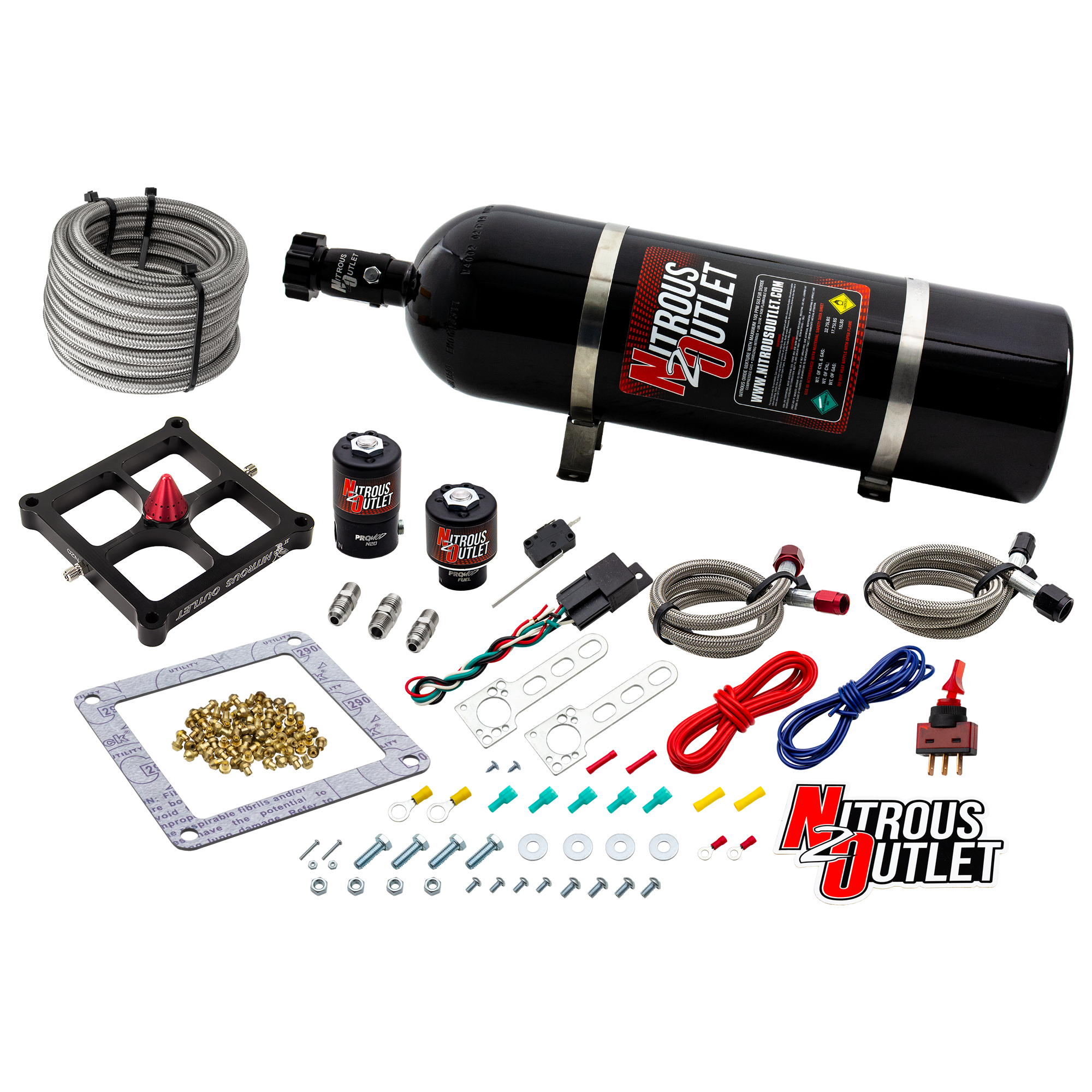 Nitrous Outlet 4500 Stinger 2 System - Braided Hoses/.122 Nitrous Solenoid/.177 Fuel Solenoid/Universal Solenoid Brackets ...