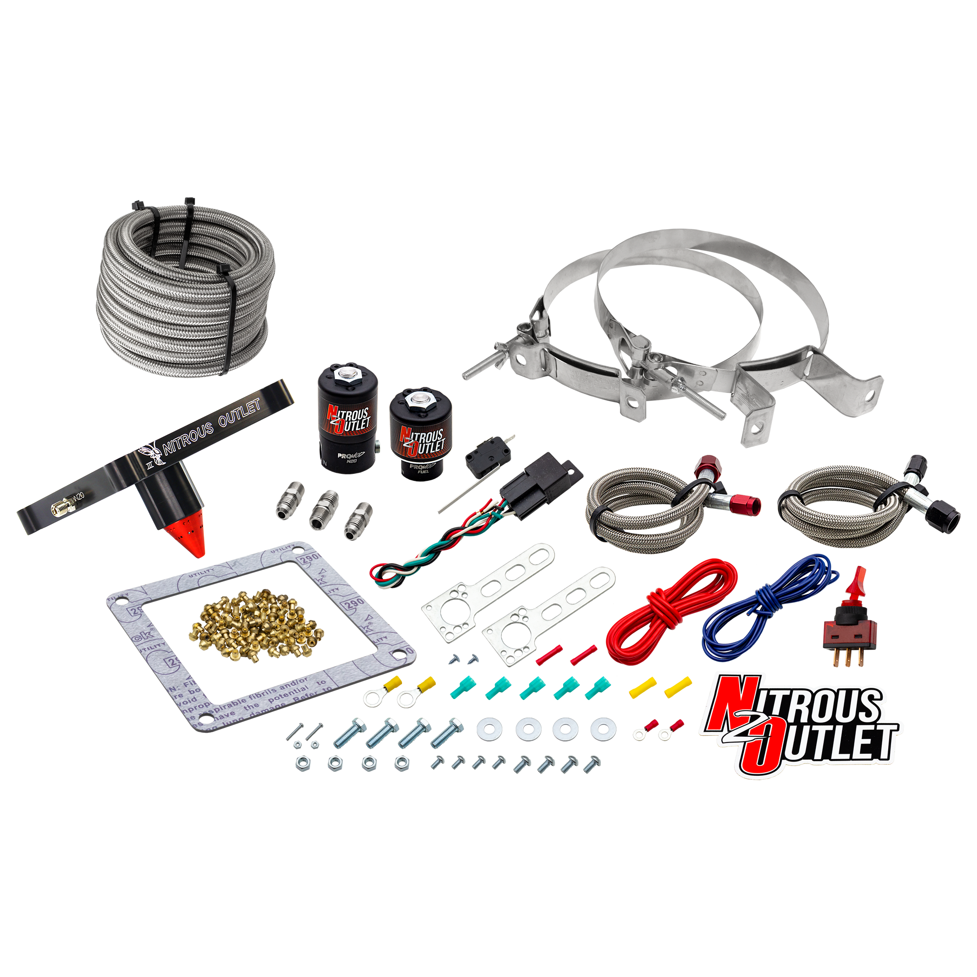 Nitrous Outlet 4500 Stinger 3 System - Braided Hoses/.122 Nitrous Solenoid/.177 Fuel Solenoid/Universal Solenoid Brackets ...