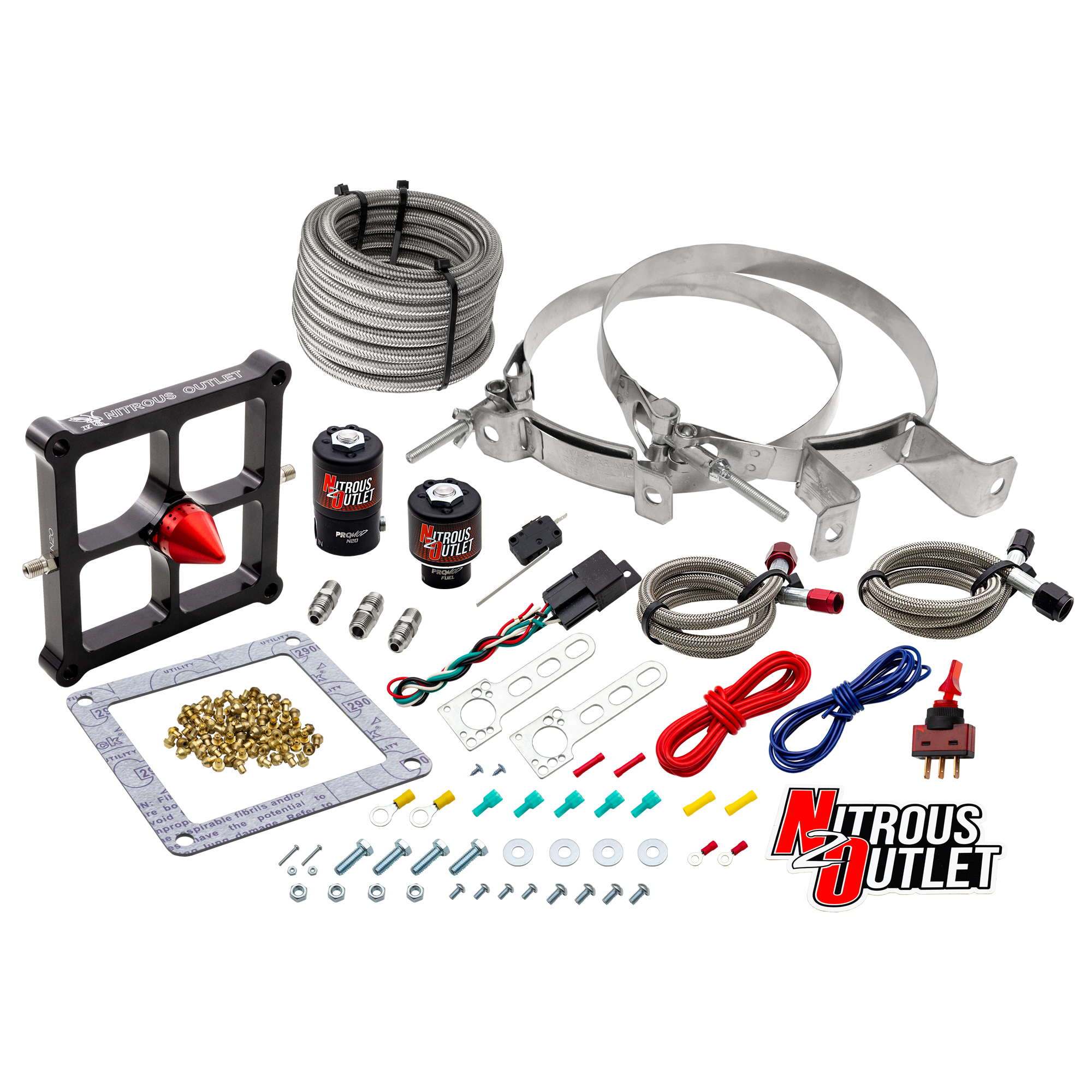 Nitrous Outlet 4500 Stinger 4 System - Braided Hoses/.122 Nitrous Solenoid/.177 Fuel Solenoid/Universal Solenoid Brackets ...