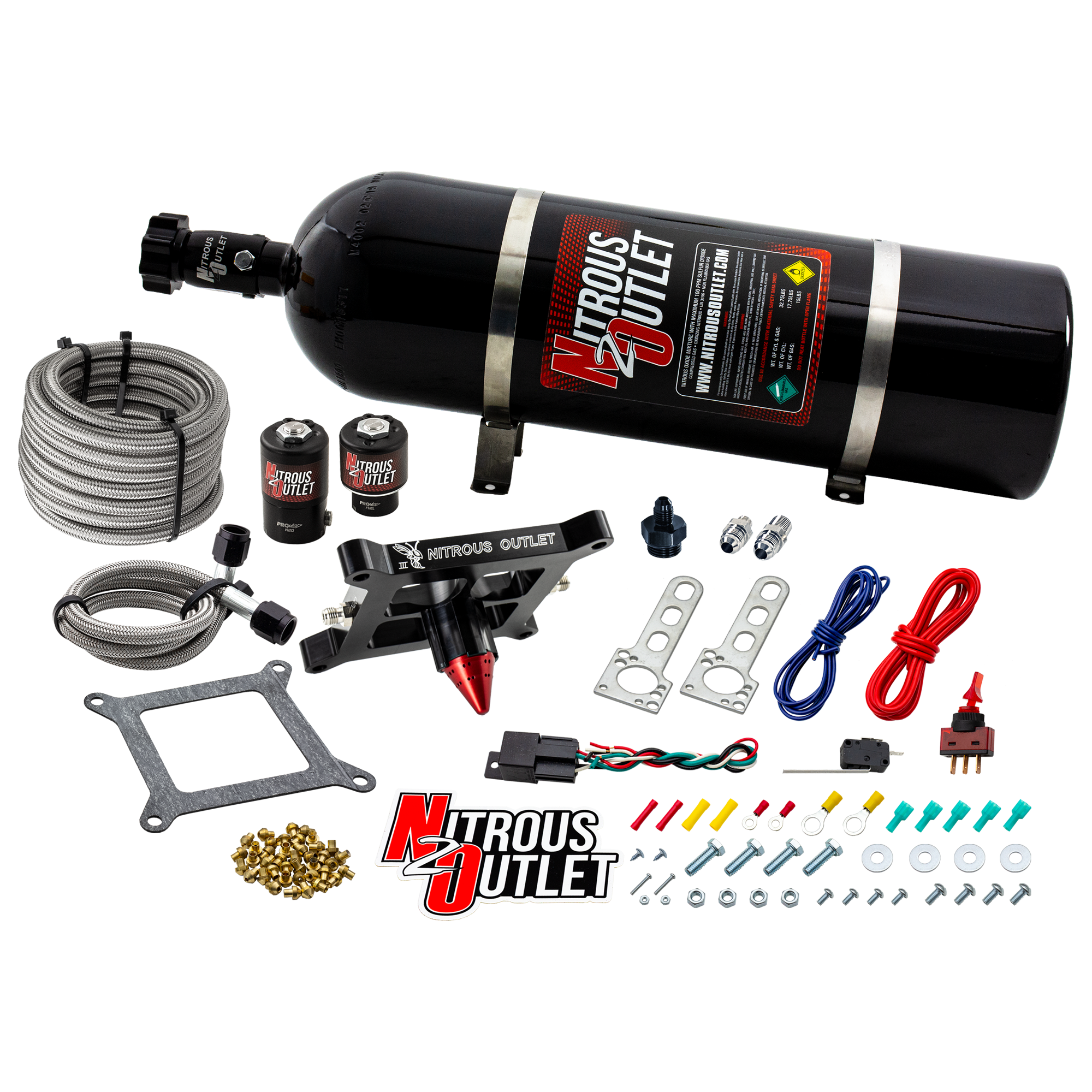 Nitrous Outlet 4150 Stinger 2 Dry System - Braided Hoses/.122 Nitrous Solenoid/Universal Solenoid Bracket - (50-500 HP)(15...