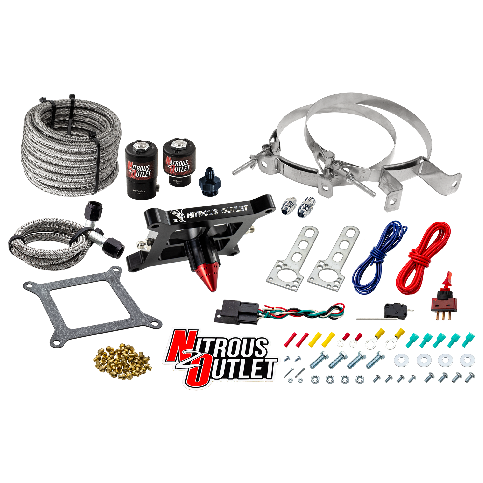 Nitrous Outlet 4150 Stinger 3 Dry System - Braided Hoses/.122 Nitrous Solenoid/Universal Solenoid Bracket - (50-500 HP)(No...