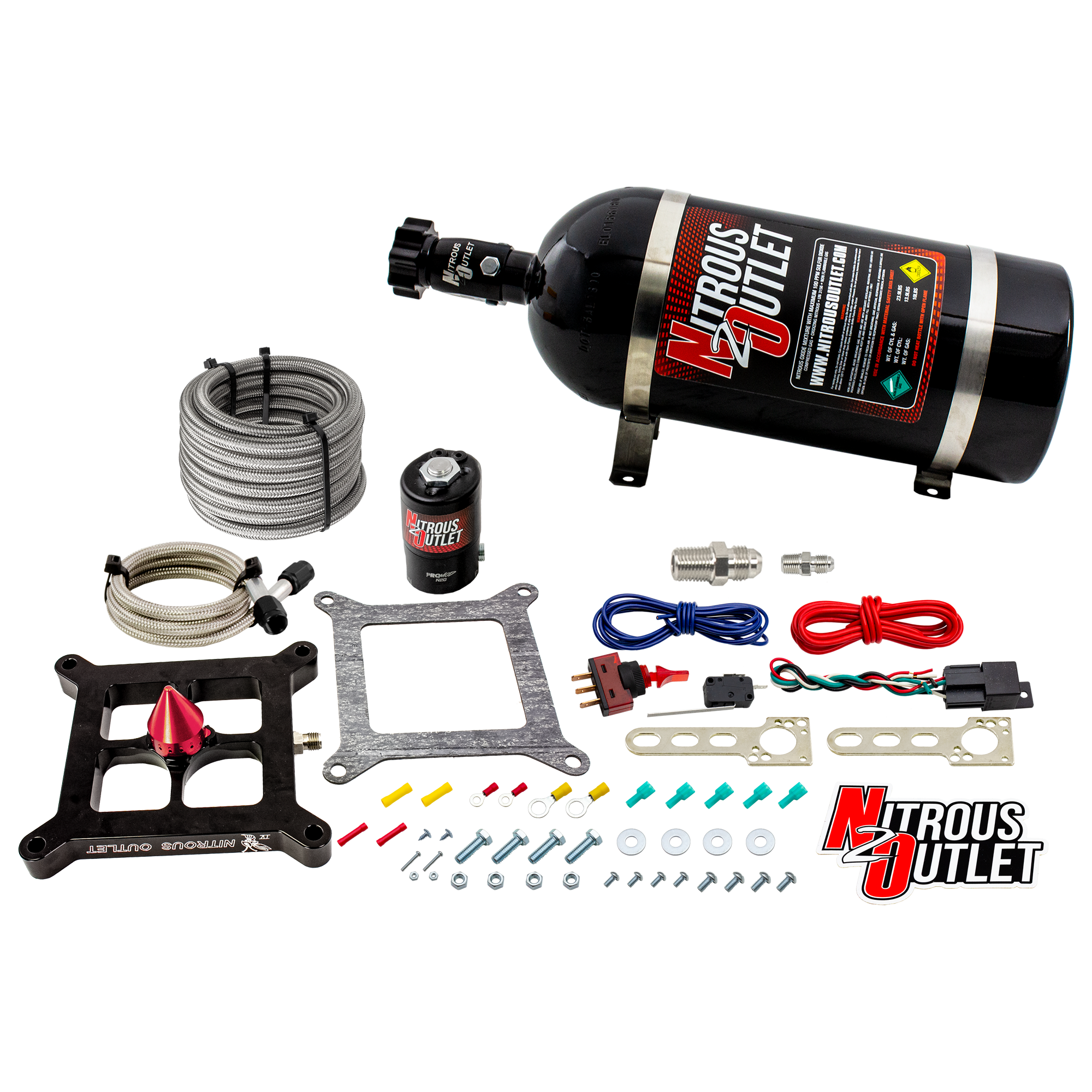 Nitrous Outlet 4150 Stinger 4 Dry System - Braided Hoses/.122 Nitrous Solenoid/Universal Solenoid Bracket - (50-500 HP)(10...