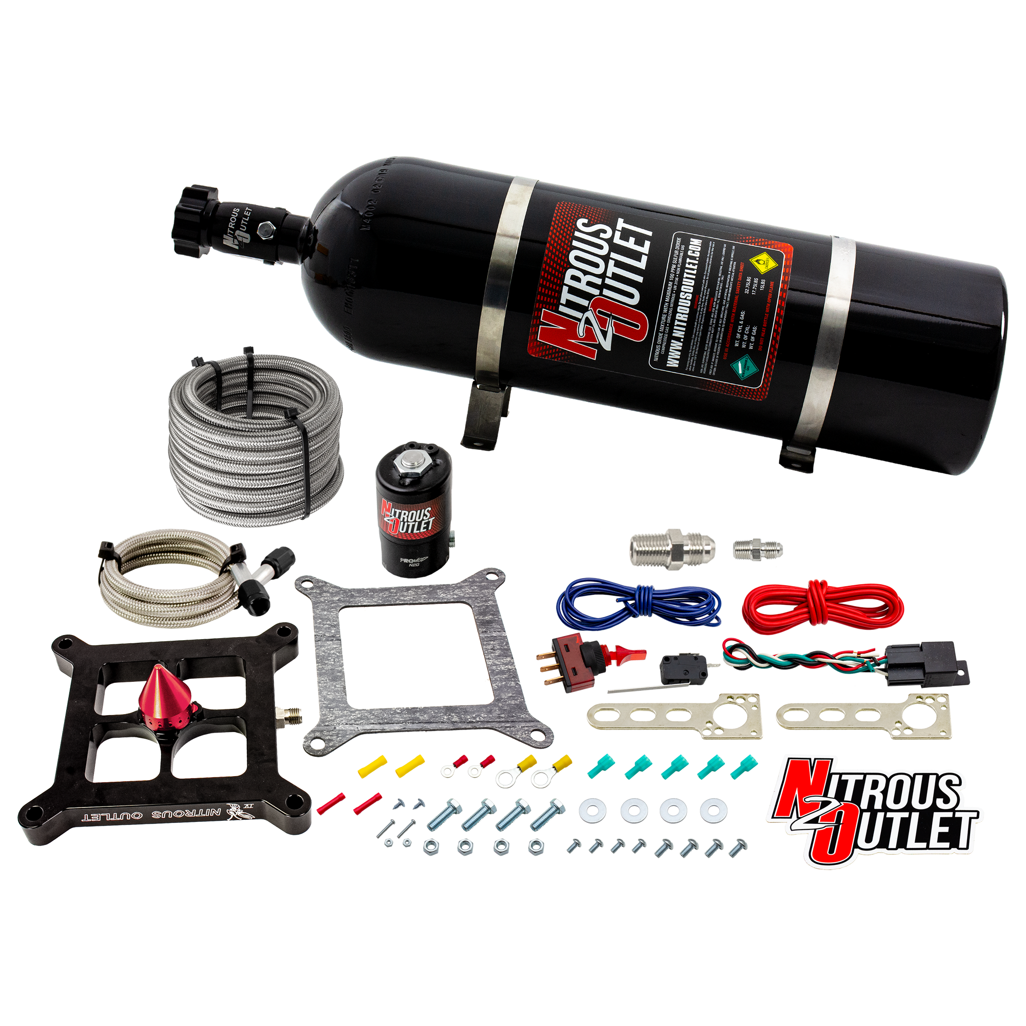 Nitrous Outlet 4150 Stinger 4 Dry System - Braided Hoses/.122 Nitrous Solenoid/Universal Solenoid Bracket - (50-500 HP)(15...