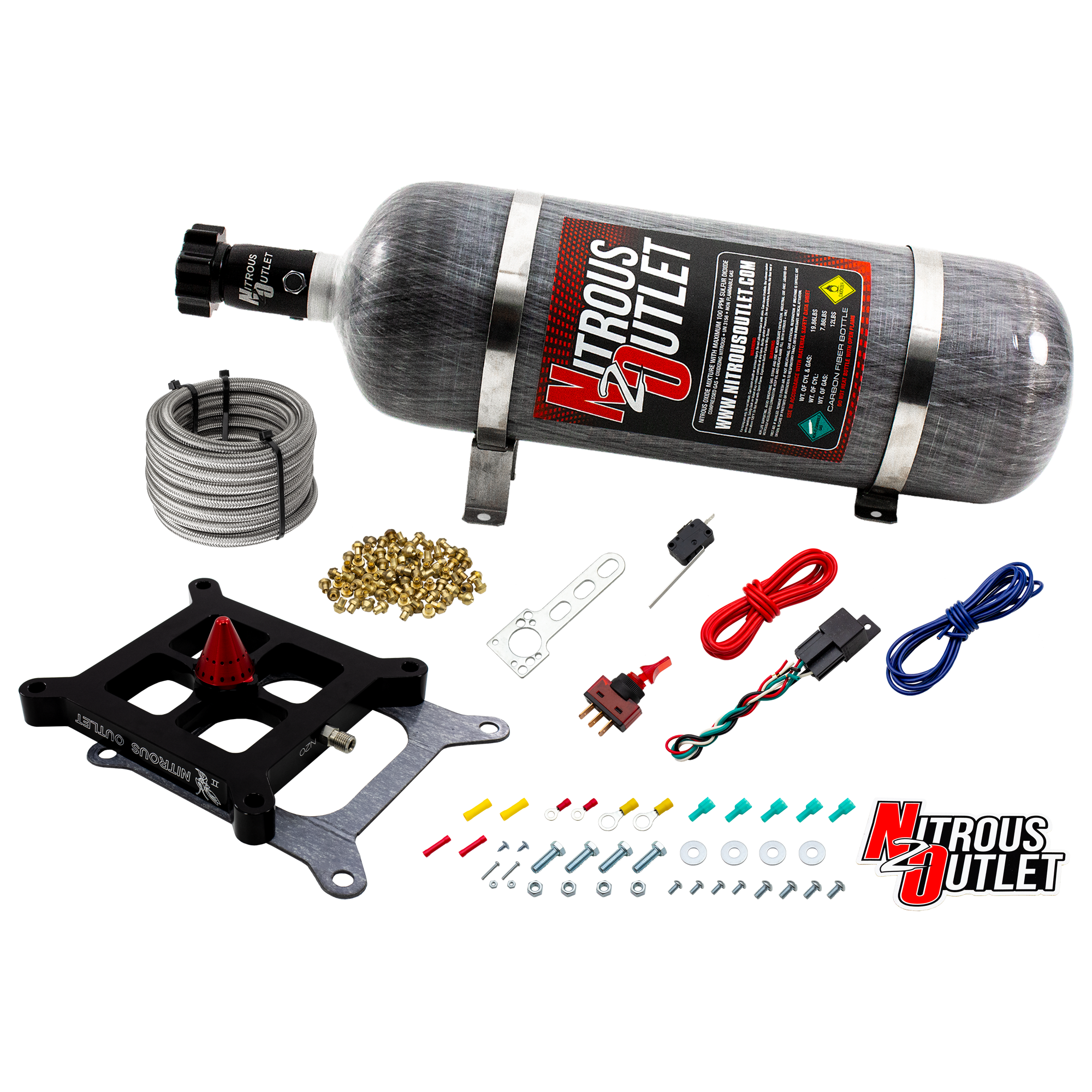 Nitrous Outlet 4150 Stinger 2 Dry Race System - Braided Hoses/.178 Trashcan Nitrous Solenoid/Universal Solenoid Bracket - ...