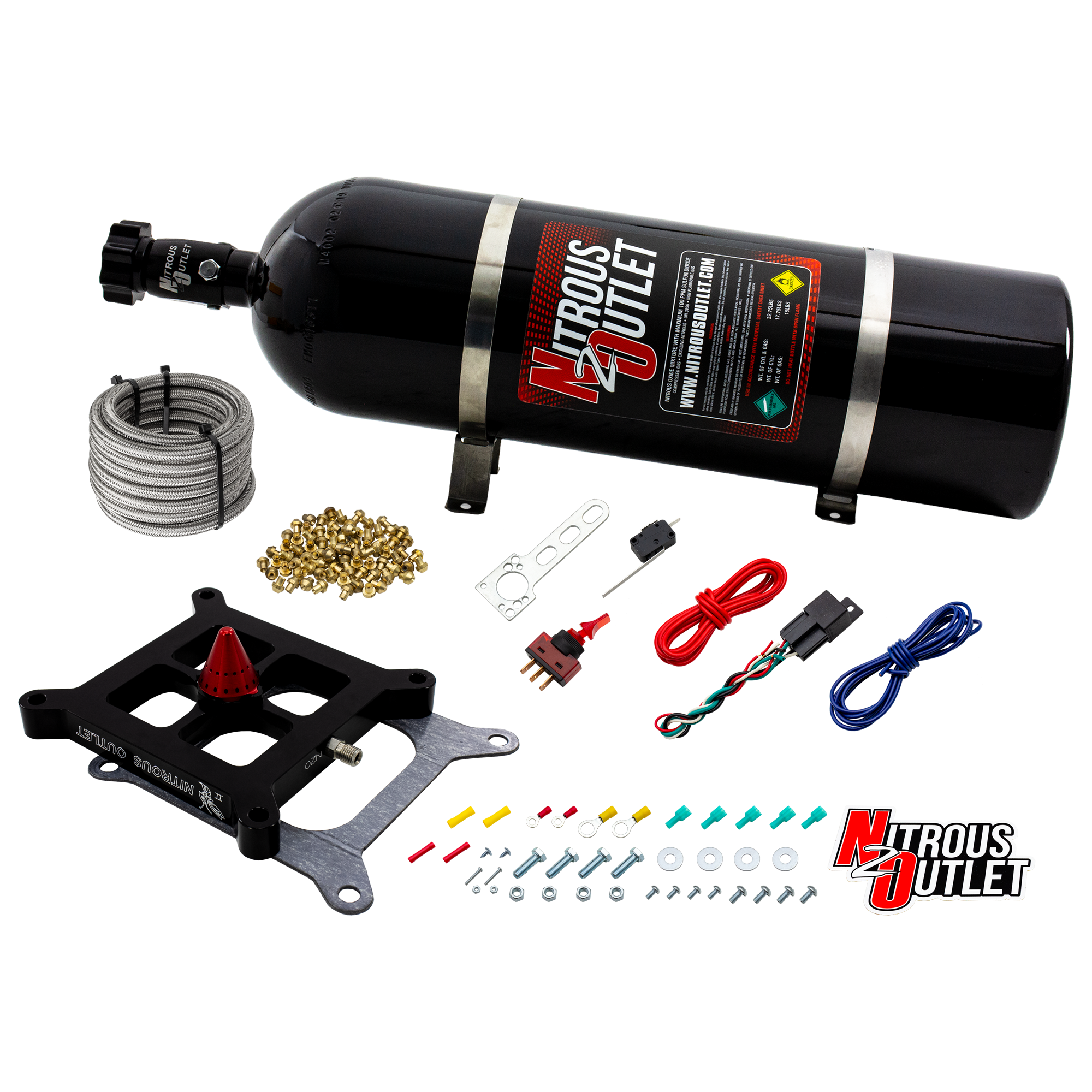 Nitrous Outlet 4150 Stinger 2 Dry Race System - Braided Hoses/.178 Trashcan Nitrous Solenoid/Universal Solenoid Bracket - ...