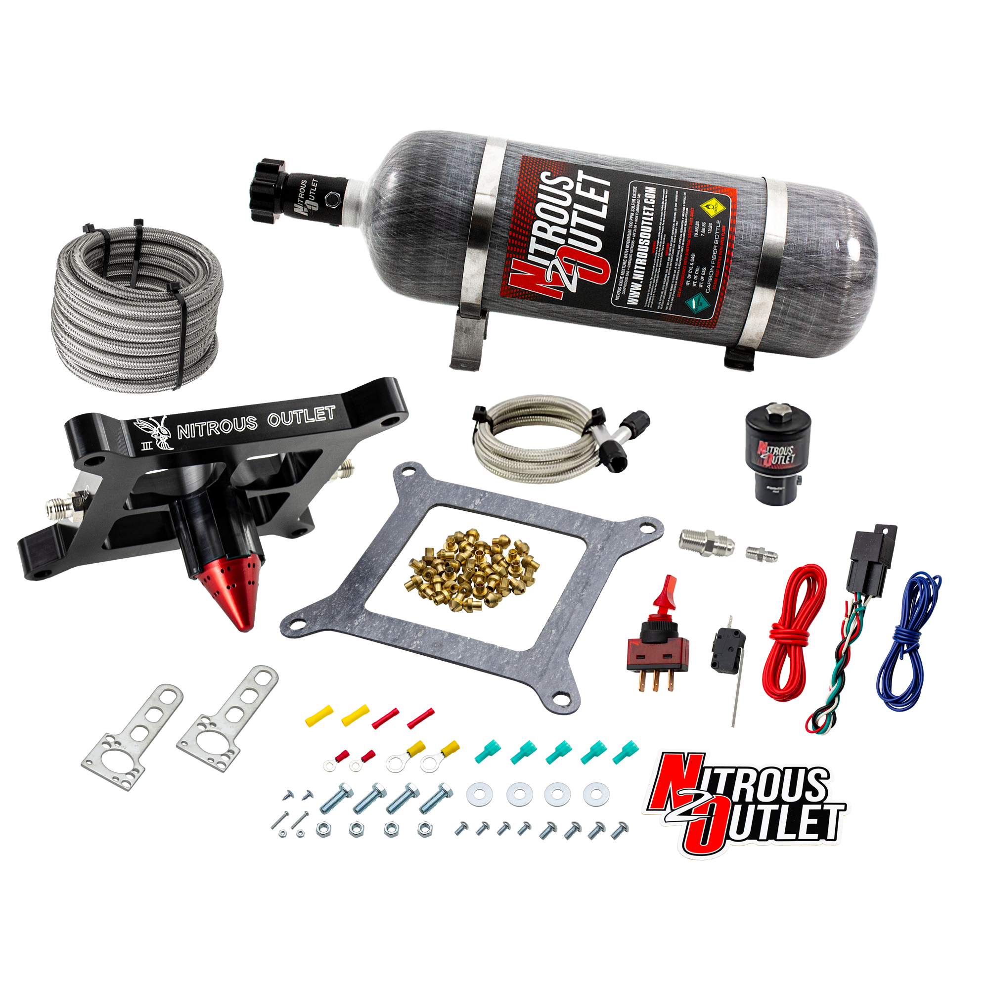 Nitrous Outlet 4150 Stinger 3 Dry Race System - Braided Hoses/.178 Trashcan Nitrous Solenoid/Universal Solenoid Bracket - ...