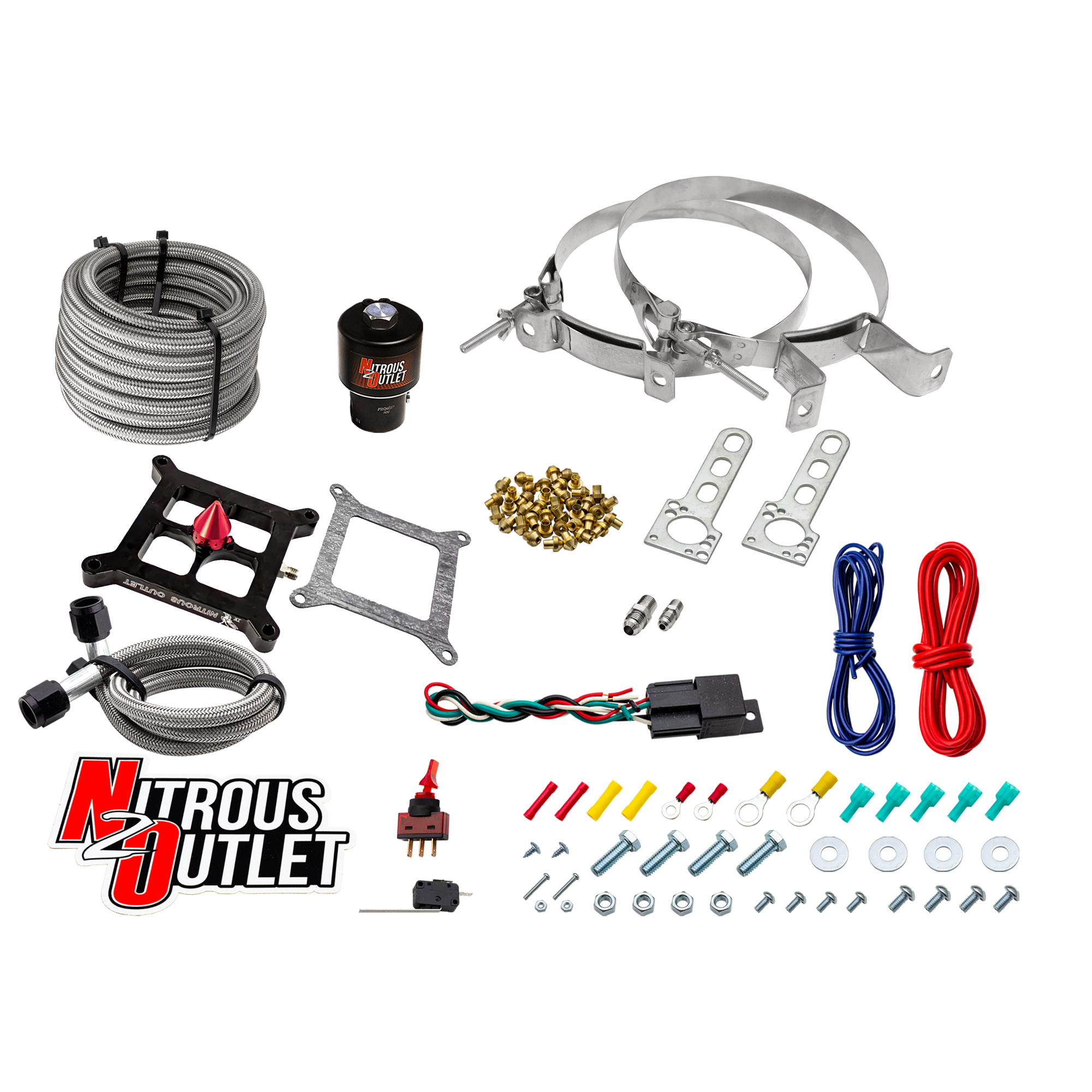 Nitrous Outlet 4150 Stinger 4 Dry Race System - Braided Hoses/.178 Trashcan Nitrous Solenoid/Universal Solenoid Bracket - ...