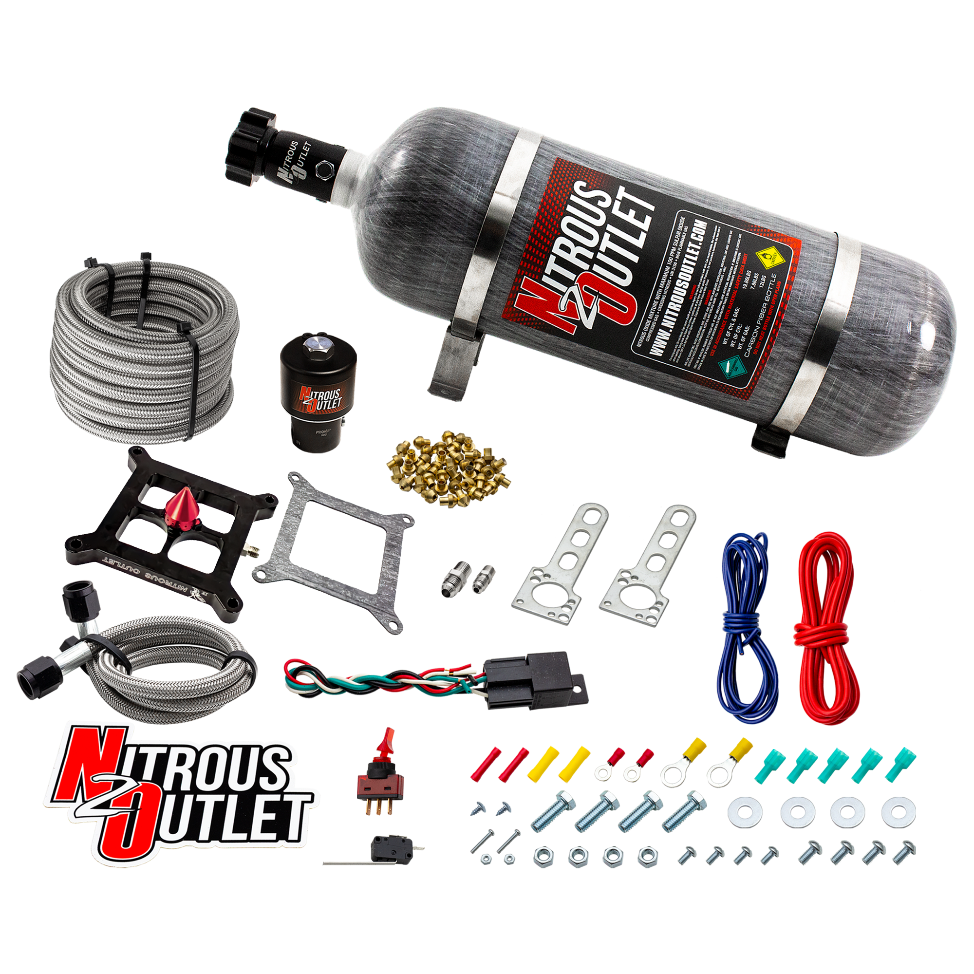 Nitrous Outlet 4150 Stinger 4 Dry Race System - Braided Hoses/.178 Trashcan Nitrous Solenoid/Universal Solenoid Bracket - ...