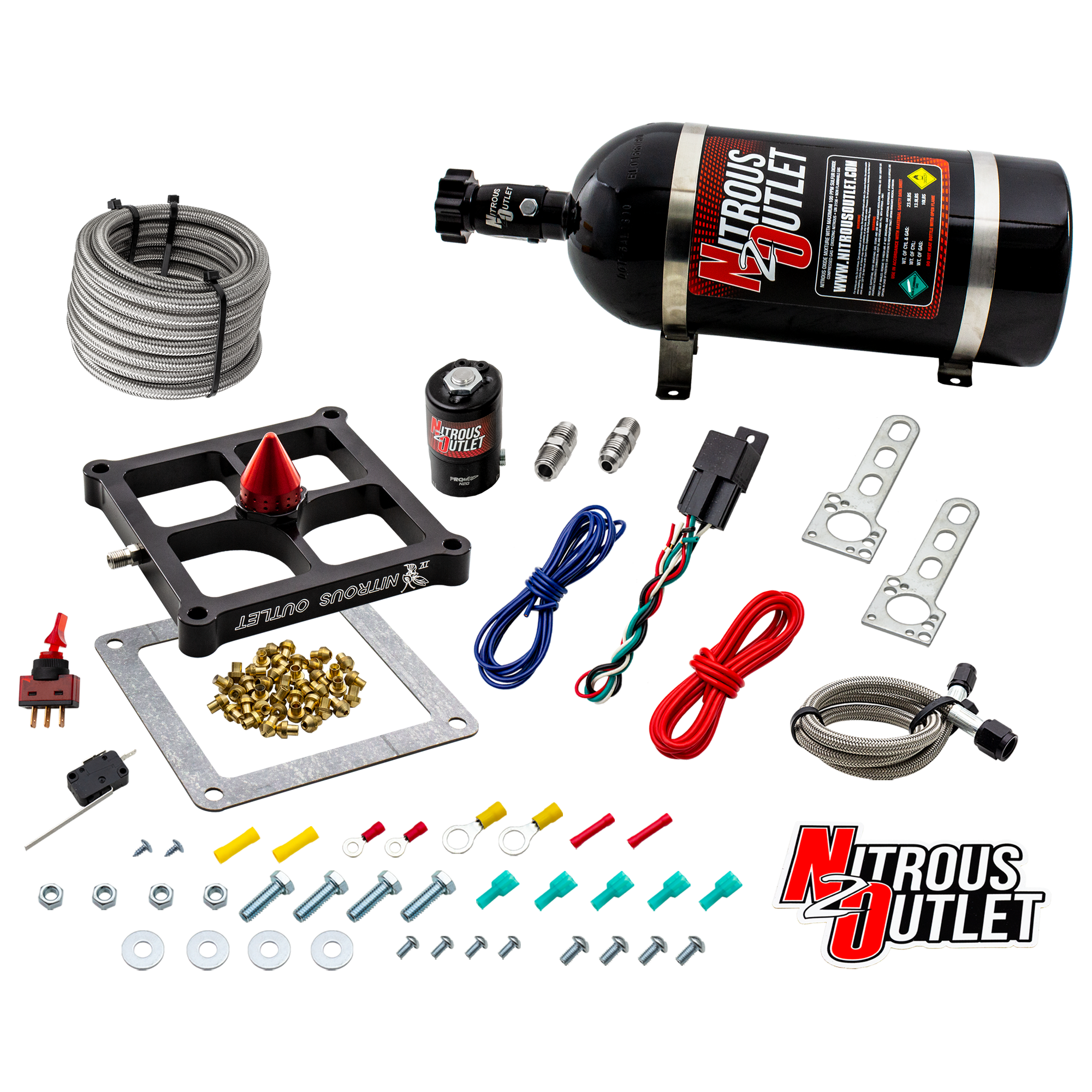 Nitrous Outlet 4500 Stinger 4 Dry System - Braided Hoses/.122 Nitrous Solenoid/Universal Solenoid Bracket - (50-500 HP)(10...