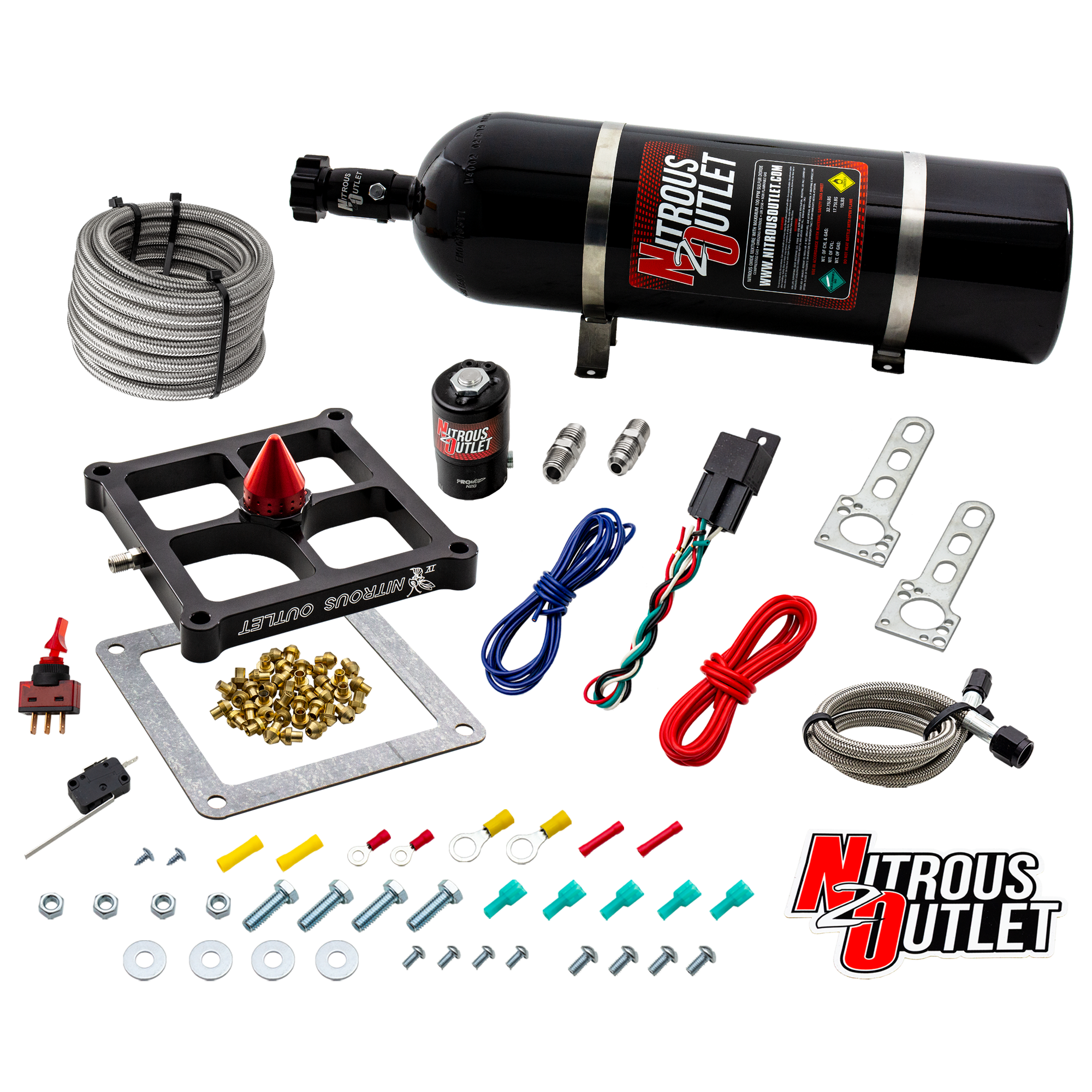 Nitrous Outlet 4500 Stinger 4 Dry System - Braided Hoses/.122 Nitrous Solenoid/Universal Solenoid Bracket - (50-500 HP)(15...