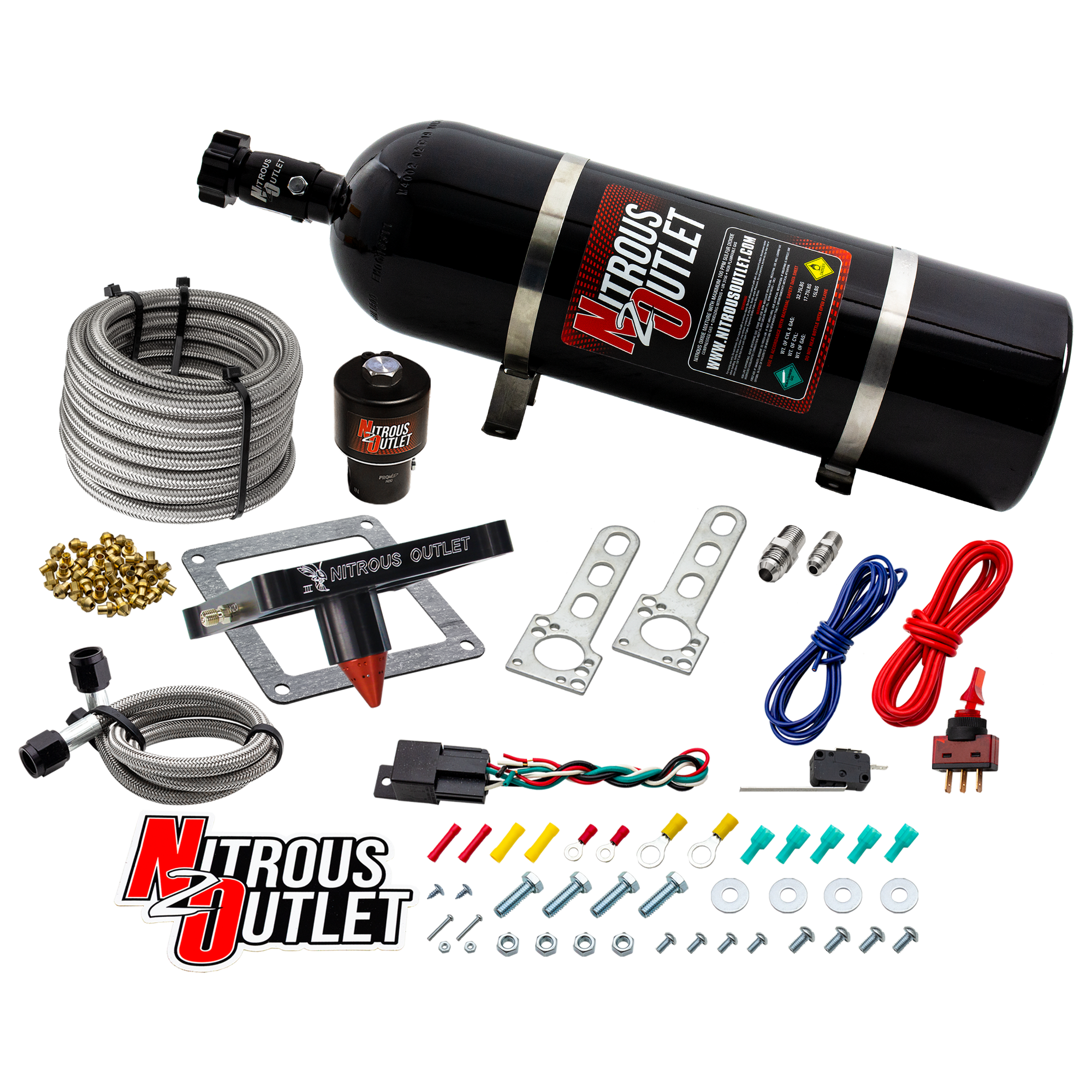 Nitrous Outlet 4500 Stinger 3 Dry Race System - Braided Hoses/.178 Trashcan Nitrous Solenoid/Universal Solenoid Bracket - ...