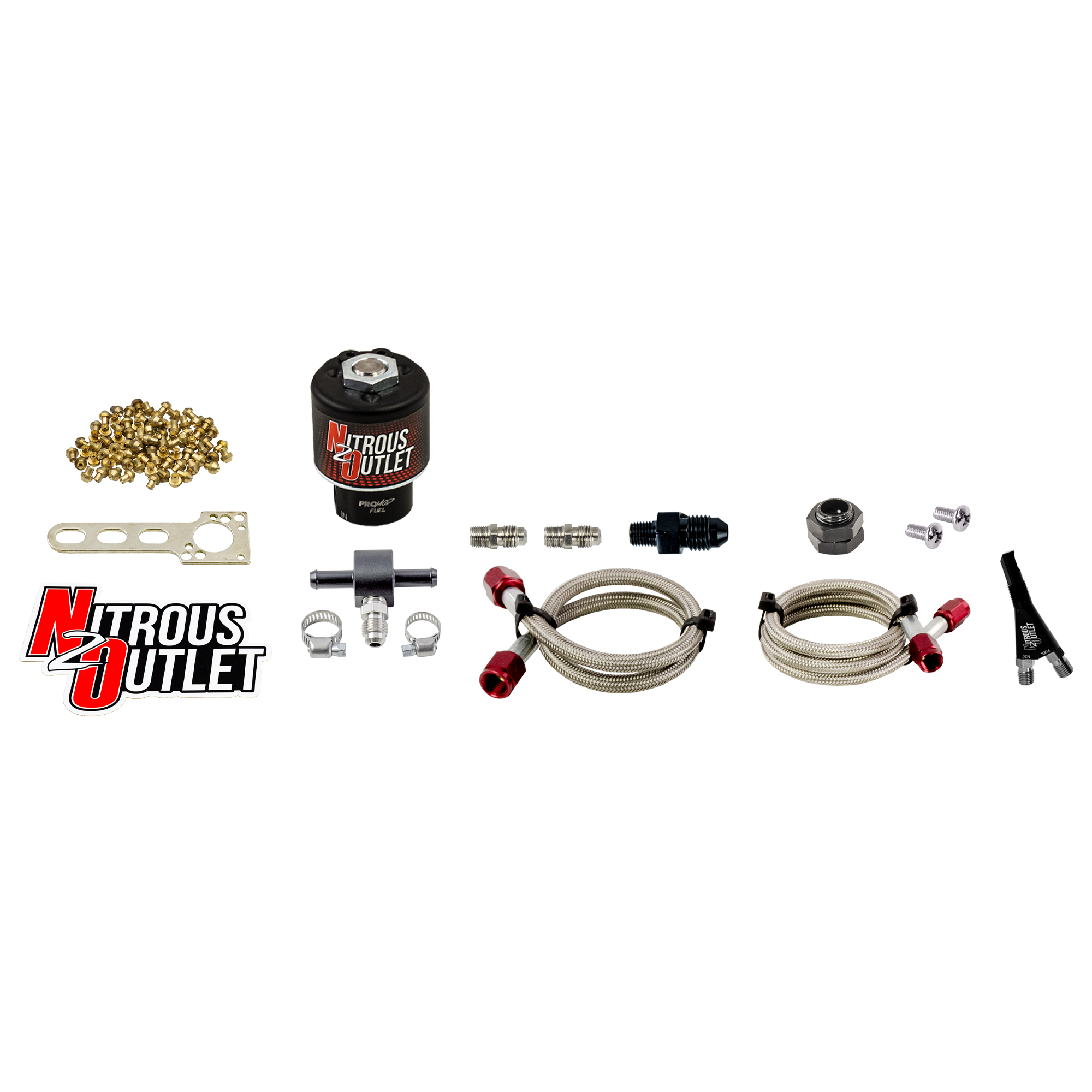Nitrous Outlet Dry to Wet Conversion Kit - Braided Hoses/.177 Fuel Solenoid/1/8" NPT Nozzle/Universal Solenoid Bracket (Ga...