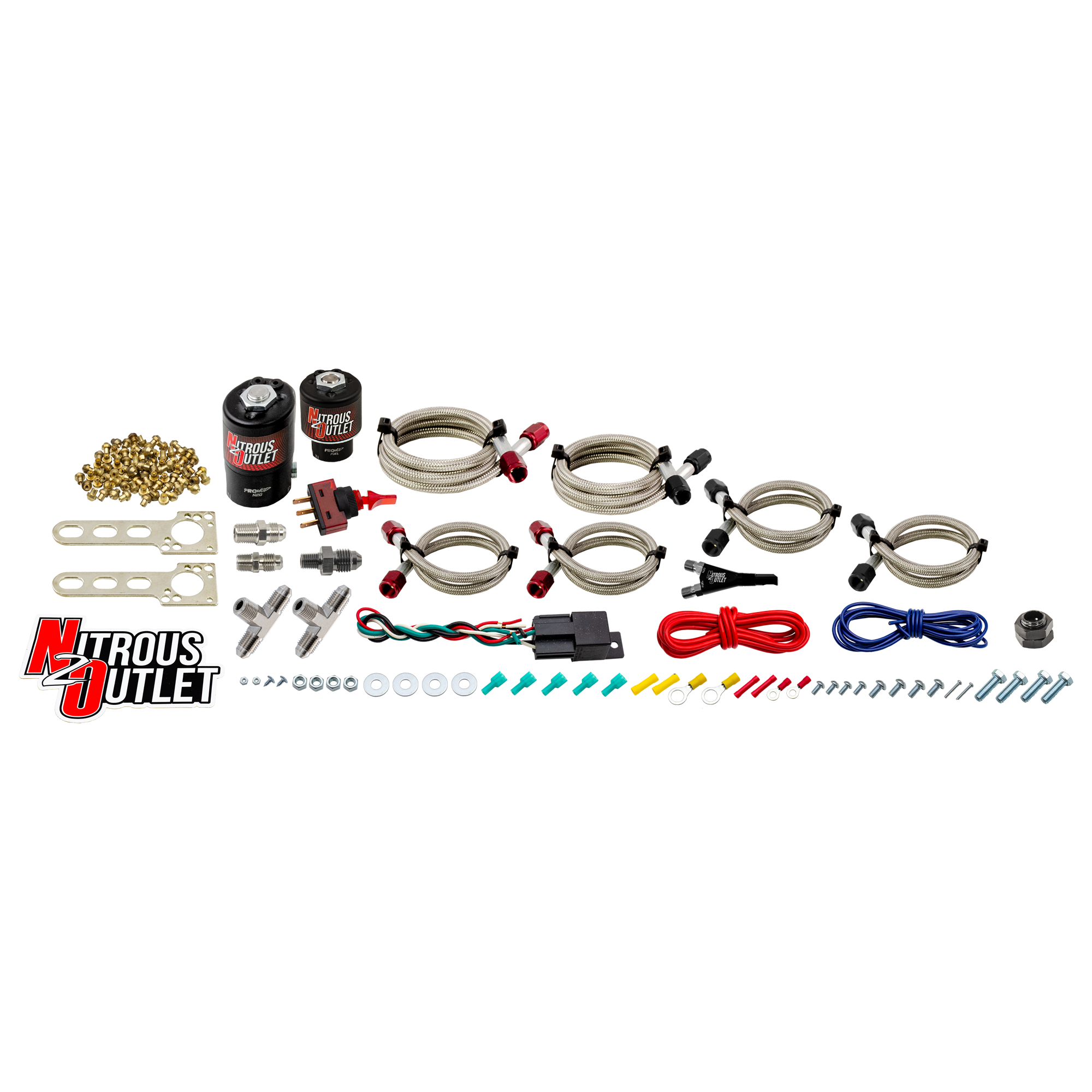 Nitrous Outlet Single To Dual Stage Conversion Kit - Braided Hoses/.122 Nitrous Solenoid/.177 Fuel Solenoid/1/8" NPT 90 De...