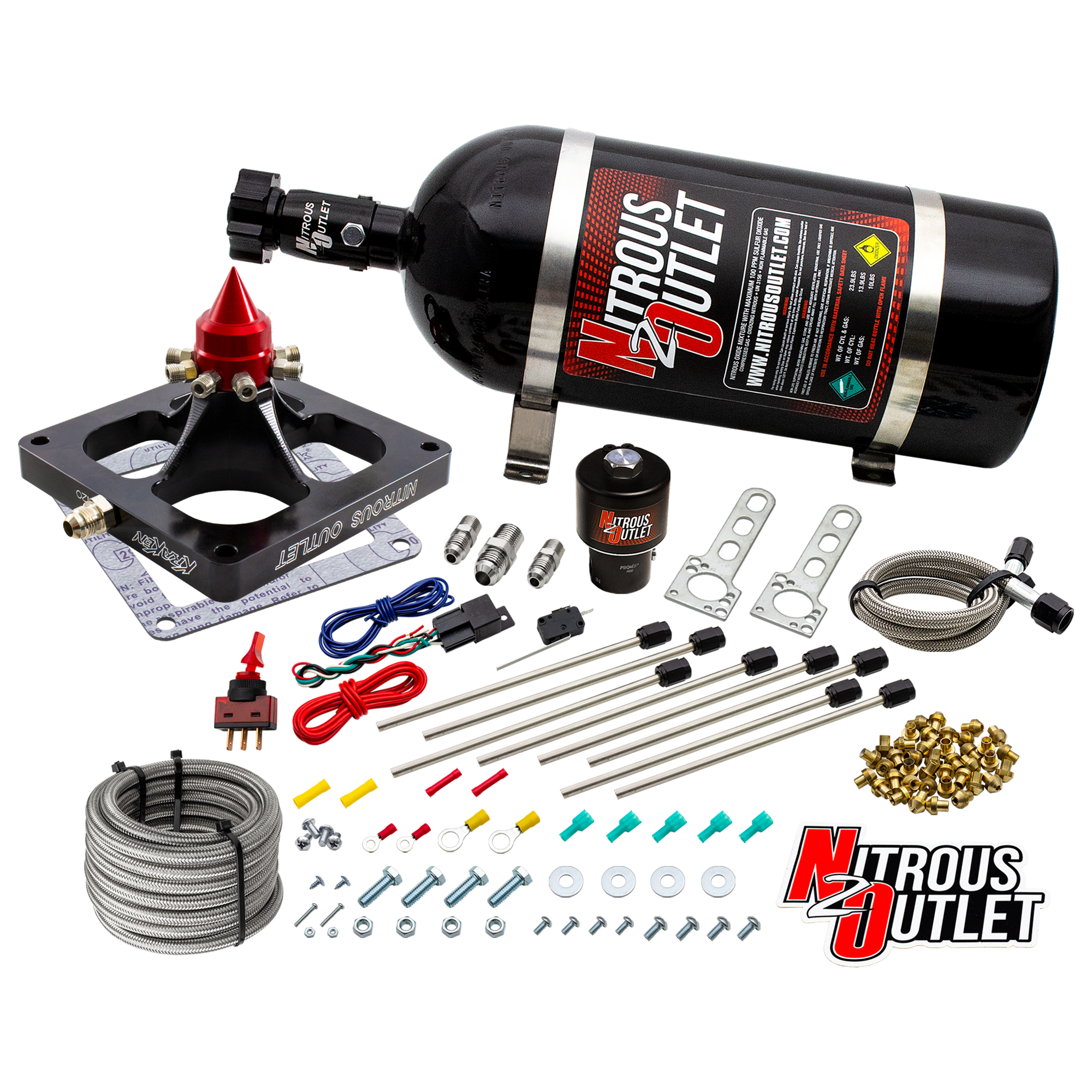 Nitrous Outlet 4500 Dry Kraken Plate System - Braided Hose/.178 MOD Trashcan Nitrous Solenoid/Universal Solenoid Bracket (...