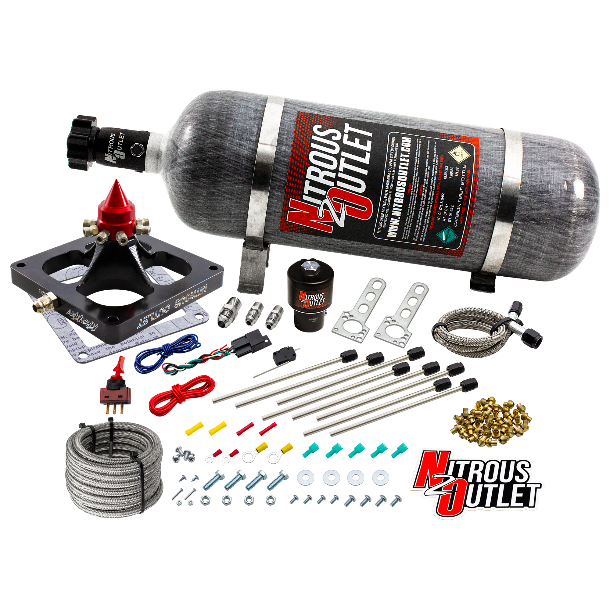 Nitrous Outlet 4500 Dry Kraken Plate System - Braided Hose/.178 MOD Trashcan Nitrous Solenoid/Universal Solenoid Bracket (...