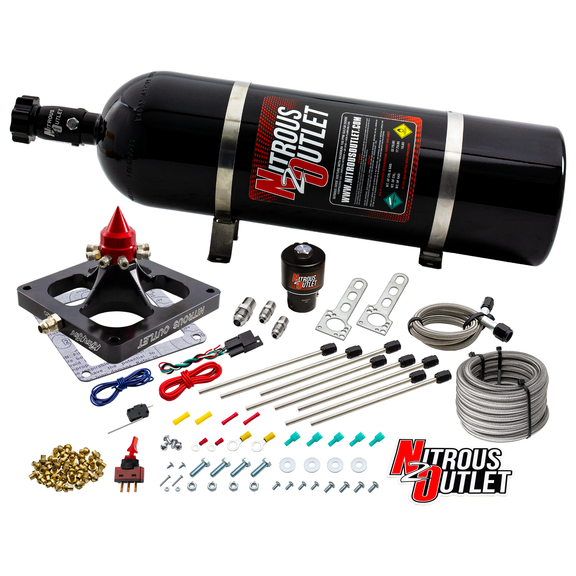 Nitrous Outlet 4500 Dry Kraken Plate System - Braided Hose/.178 MOD Trashcan Nitrous Solenoid/Universal Solenoid Bracket (...