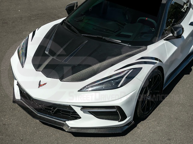 2020-PRESENT CHEVROLET CORVETTE C8 | SDP PERFORMANCE TRACK STYLE DOUBLE SIDED DRY CARBON FIBER FRONT HOOD