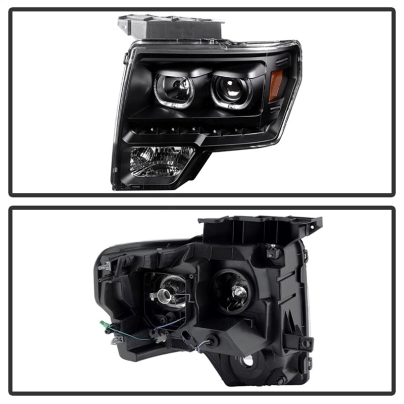 xTune Ford F150 09-14 Projector Headlights Halogen Model Only LED Halo Black PRO-JH-FF15009-CFB-BK