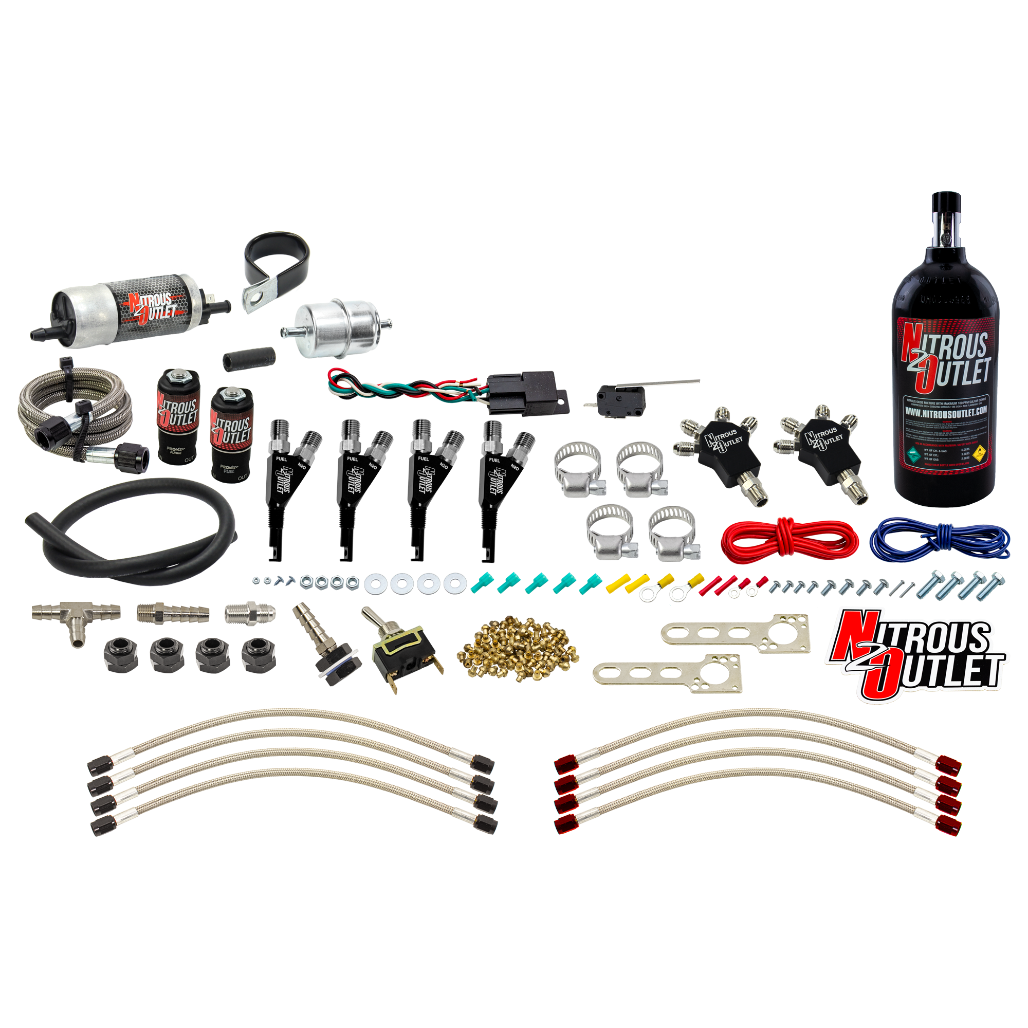 Nitrous Outlet Powersports Four Cylinder Wet Nozzle System (Stainless 90 Degree Nozzles)(Gas)(6 psi)(40,60,80,100,120 HP)(...