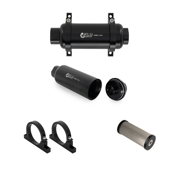 Flo Supply 40 Micron Inline Fuel Filter � Housing, Filter, & Clamp - Female 12AN ORB