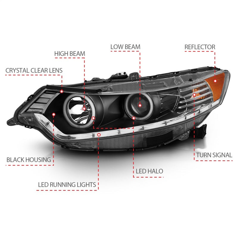 ANZO 2009-2012 Acura TSX Projector Headlights w/ Halo Black (CCFL) (HID Compatible)