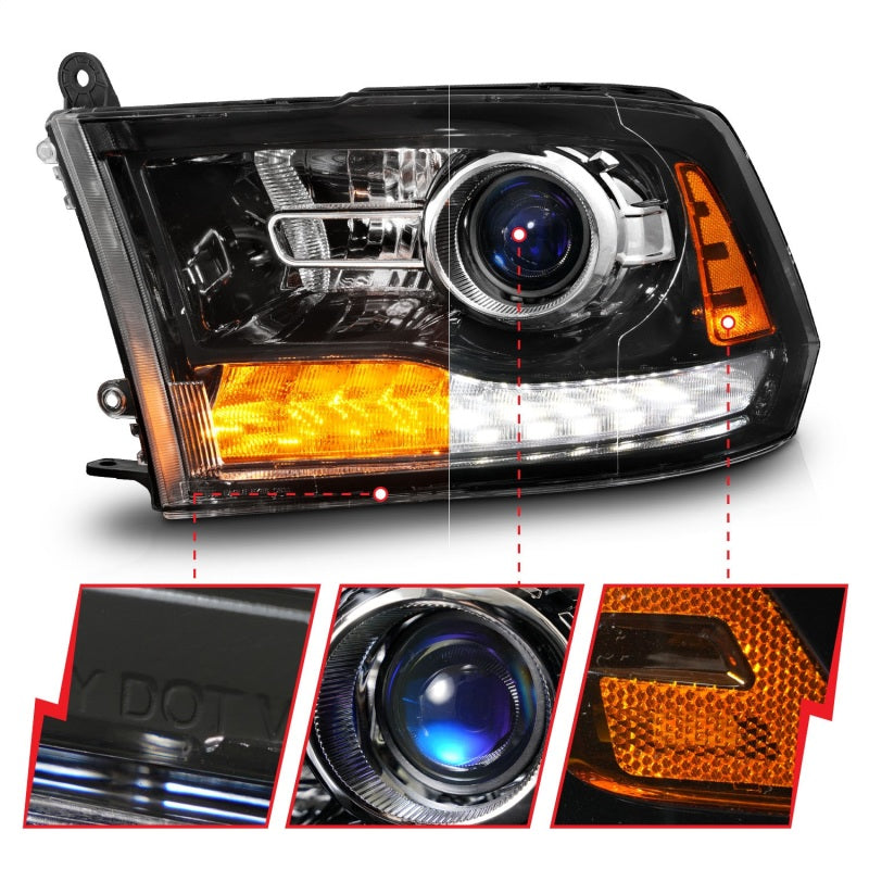 ANZO 09-18 Dodge 1500-3500 LED Plank Style Headlights w/Switchback+Sequential Hyper Black (OE Style)