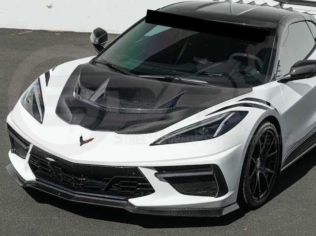 2020-PRESENT CHEVROLET CORVETTE C8 | ZR1 REPLICA STYLE DOUBLE SIDED CARBON FIBER FRONT VENTED HOOD