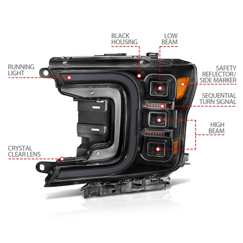 ANZO 18-20 Ford F-150 Full Led Projector Smoke Bar Style Headlights Black Amber