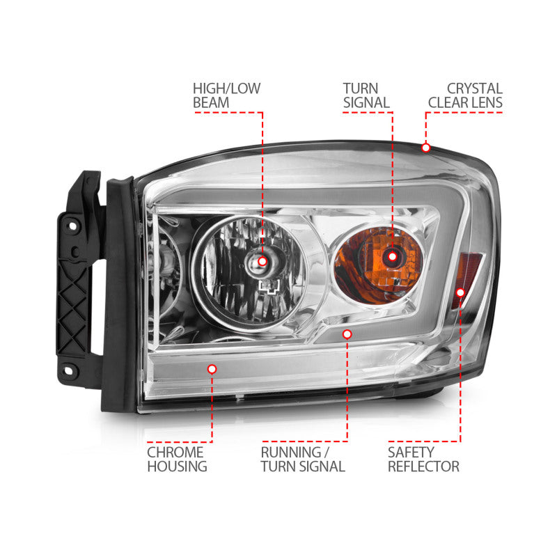 ANZO 06-09 Dodge RAM 1500/2500/3500 Headlights Chrome Housing/Clear Lens (w/ Light Bars)